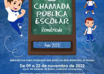 CHAMADA PÚBLICA ESCOLAR 2023: PERÍODO PARA REMATRÍCULA COMEÇA NESTA QUARTA-FEIRA