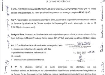 Mesmo com salário de quase R$ 10 mil, vereadores de Ecoporanga querem aprovar ticket alimentação de R$ 1.200