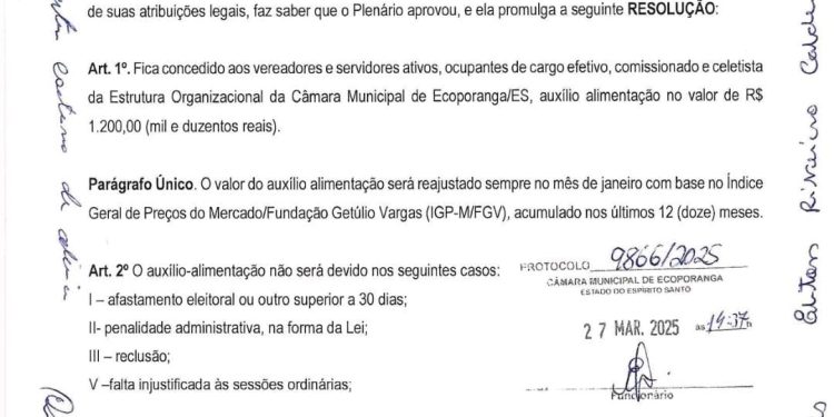 Mesmo com salário de quase R$ 10 mil, vereadores de Ecoporanga querem aprovar ticket alimentação de R$ 1.200